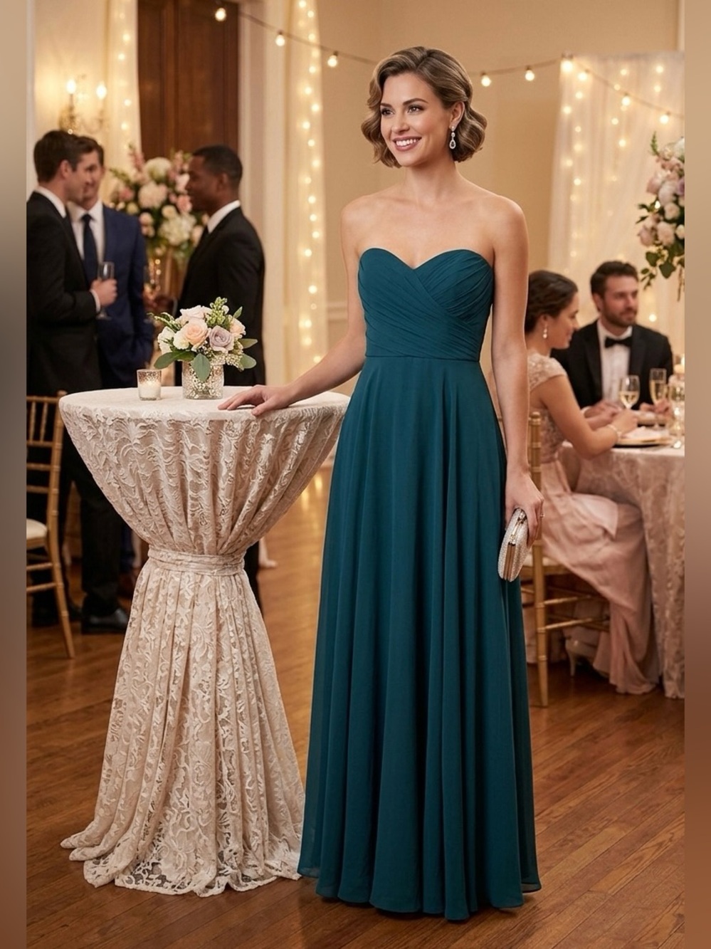 Jenny Yoo Teal Strapless Backless Chiffon Gown